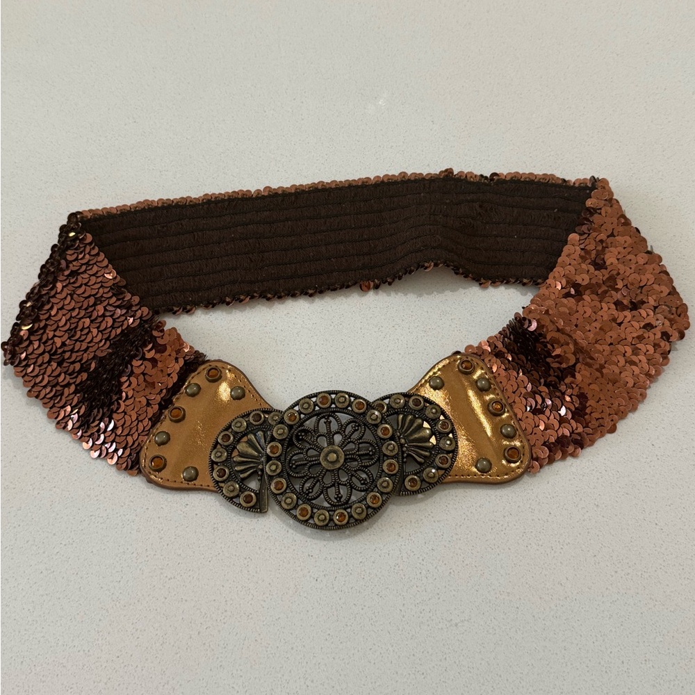Y2K Bronze Copper Belt Stretchy Jeweled Sequin Womens S/M